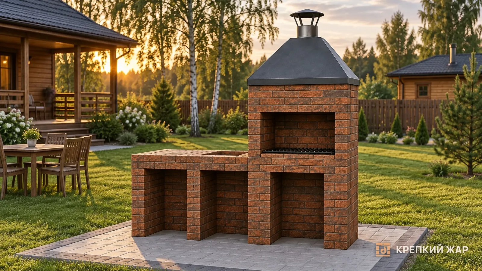 Компактный кирпичный мангальный комплекс посреди небольшого участка, вдали от дома, бани и забора