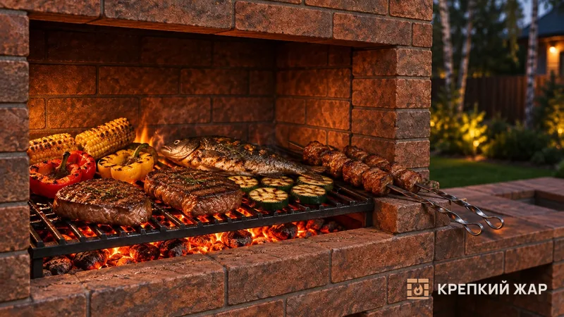 Шампуры с мясом и решётка с овощами и рыбой над углями кирпичного мангала, рядом рабочая секция