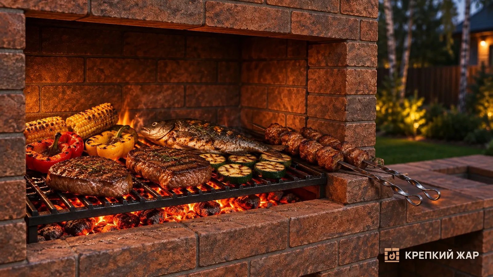 Шампуры с мясом и решётка с овощами и рыбой над углями кирпичного мангала, рядом рабочая секция